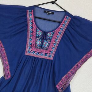 Forever 21 Blue Embroidered Blouse L Butterfly Sleeve Fairycore Boho Peasant Top